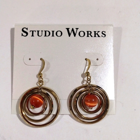 Gold Layered Circle Drop Earrings with Bead Center – Women's Artistic Statement - Picture 4 of 8